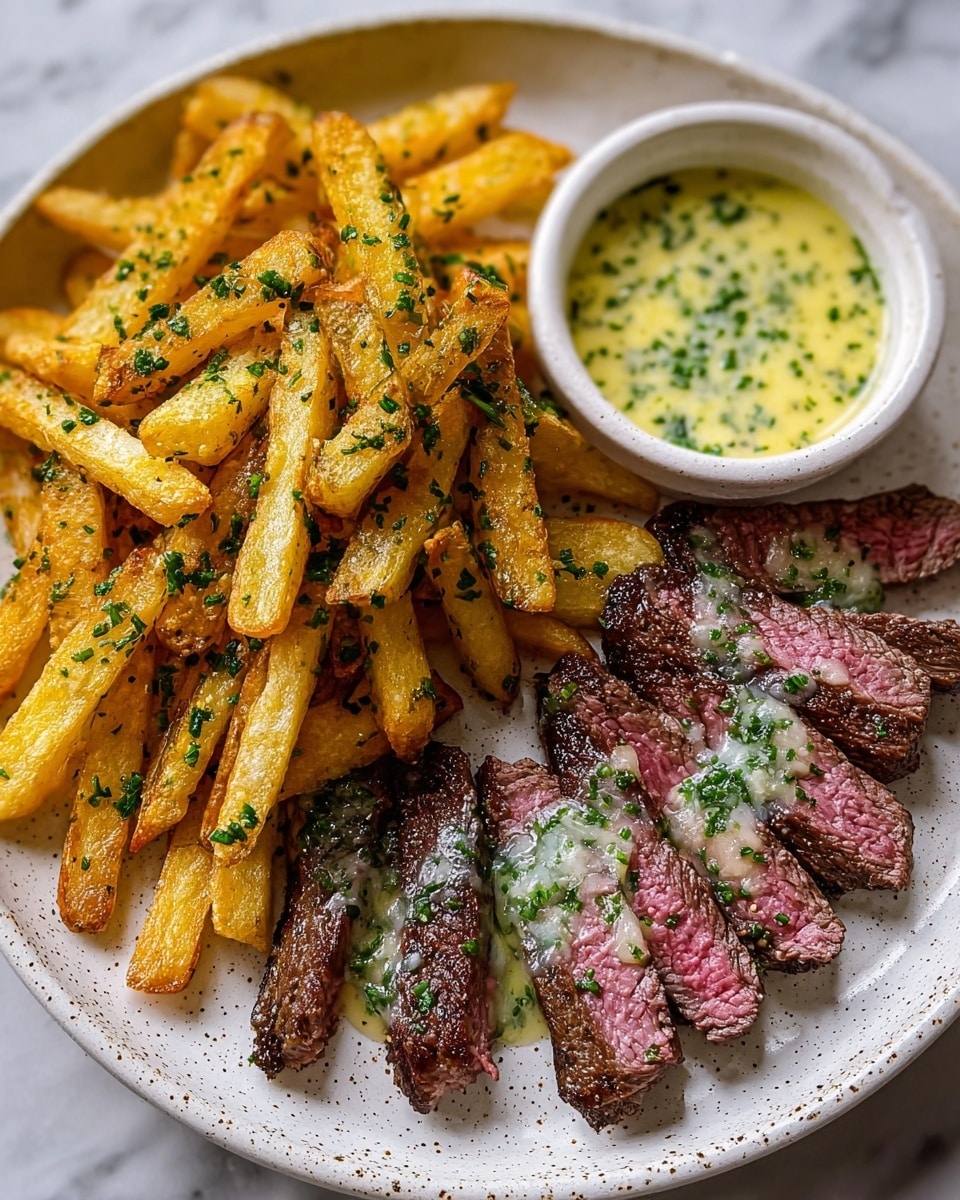 A white plate holds a serving of thick, golden brown potato wedges sprinkled with chopped green herbs and black pepper, covering the plate’s surface. On top near the center, there are six medium-rare steak slices arranged in a slightly fanned-out line, showing pink juicy centers and seared dark brown edges, with a melting white herb butter spread over them. To the right side of the plate, a small white bowl filled with creamy, pale yellow sauce flecked with green herbs sits nestled among the potato wedges. The whole scene is set on a white marbled texture. photo taken with an iphone --ar 4:5 --v 7
