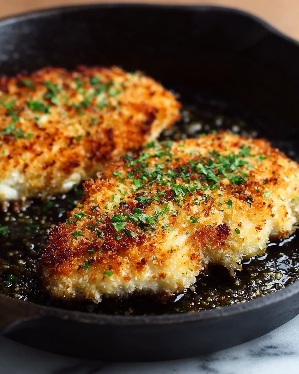 Two pieces of golden brown breaded chicken rest side by side in a black cast iron skillet, each piece covered in a crispy, crumbly, and slightly uneven layer of toasted breadcrumbs with green herb flecks sprinkled on top. The chicken beneath is white and tender looking, visible at the edges where the breading thins. Small bits of browned garlic and fresh herbs are scattered in the skillet oil around the chicken. The skillet sits on a white marbled surface. photo taken with an iphone --ar 4:5 --v 7