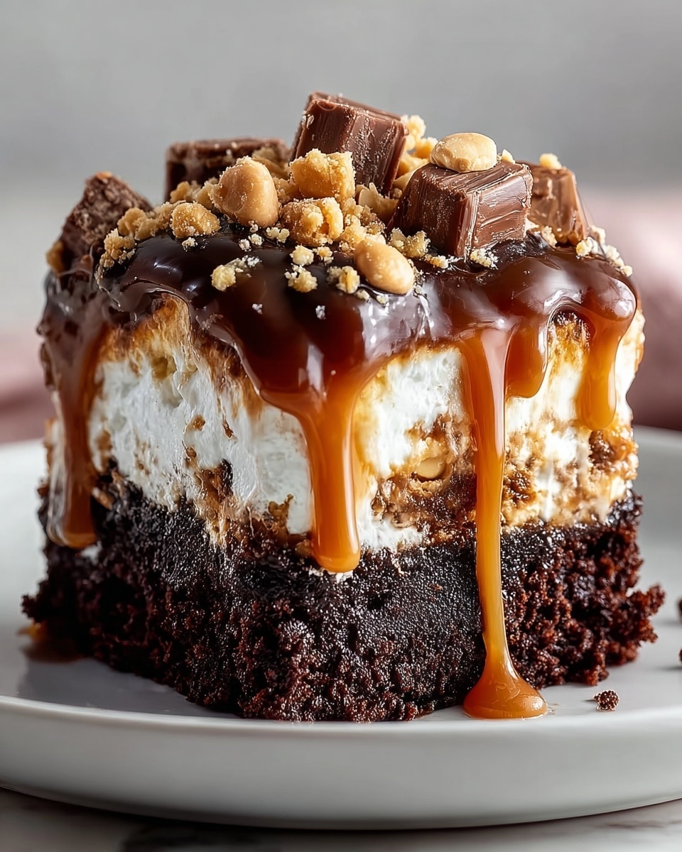 A close-up of a rich, square chocolate dessert with four visible layers on a white plate, placed on a white marbled surface. The bottom layer is dark, crumbly chocolate cake, dense and moist, followed by a thick, white marshmallow layer with slightly melted texture. Above that is a light brown, creamy-looking layer, possibly peanut butter or caramel flavored, with a thick, glossy dark chocolate layer dripping down the sides on top. The dessert is topped with whole and chopped light brown peanuts and chunks of milk chocolate, while a smooth, golden caramel sauce cascades down the front edges of the dessert. photo taken with an iphone --ar 4:5 --v 7