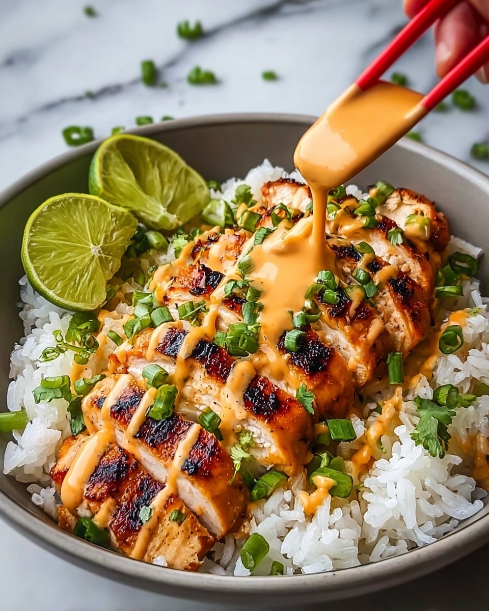 A deep white bowl filled with a thick layer of fluffy white rice at the bottom, topped with a sliced grilled chicken breast that has a golden-brown color with charred grill marks. The chicken is drizzled with a creamy light orange sauce that is being poured from red chopsticks held by a woman's hand. Bright green chopped scallions and cilantro are scattered over the chicken. Several lime wedges and one half lime sit on the side of the bowl. The bowl is placed on a white marbled surface. photo taken with an iphone --ar 4:5 --v 7