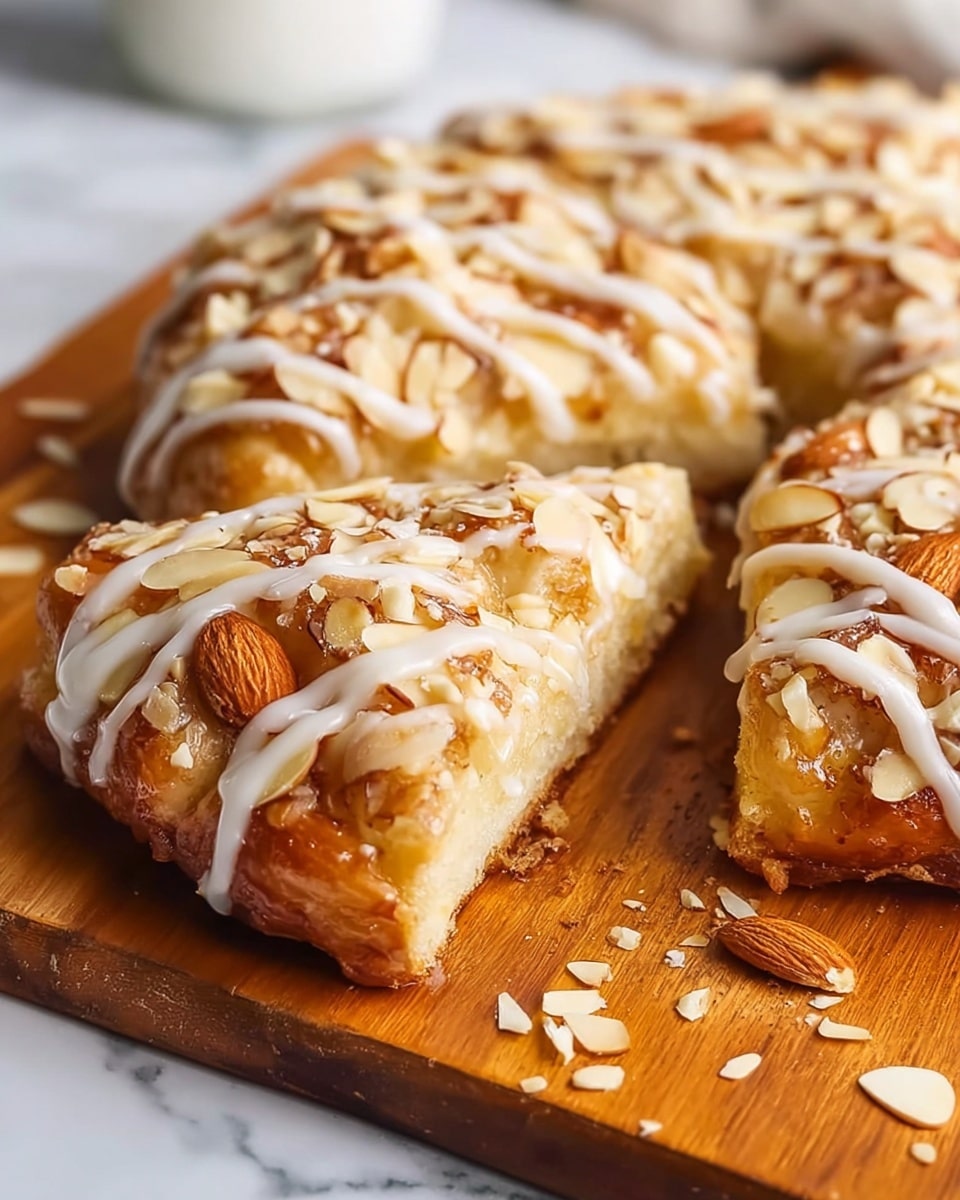 A close-up image of a round almond pastry with two slices cut out, placed on a wooden board. The pastry has a golden-brown flaky crust with a soft, light beige inside. It is topped with a layer of slivered almonds that add texture and a drizzle of white icing that forms thin diagonal lines over the top. Some almond slices and crumbs are scattered around the pastry on the wooden board. The background is blurred with a white marbled texture beneath the board. Photo taken with an iphone --ar 4:5 --v 7