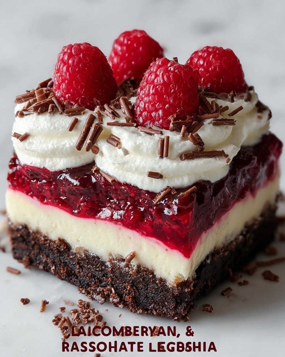 The dish shows a square slice of layered dessert on a white marbled surface, with four distinct layers. The bottom layer is a dark, dense chocolate crust with a rough texture, topped by a creamy pale layer that is smooth and thick. Above this is a bright red raspberry layer, glossy with juicy texture, slightly oozing over the edges. The top layer consists of whipped cream, fluffy and white, sprinkled with small chocolate shavings and crowned with fresh, plump red raspberries. The contrast between the dark, creamy, and bright red layers makes the dessert look rich and fresh. Photo taken with an iphone --ar 4:5 --v 7