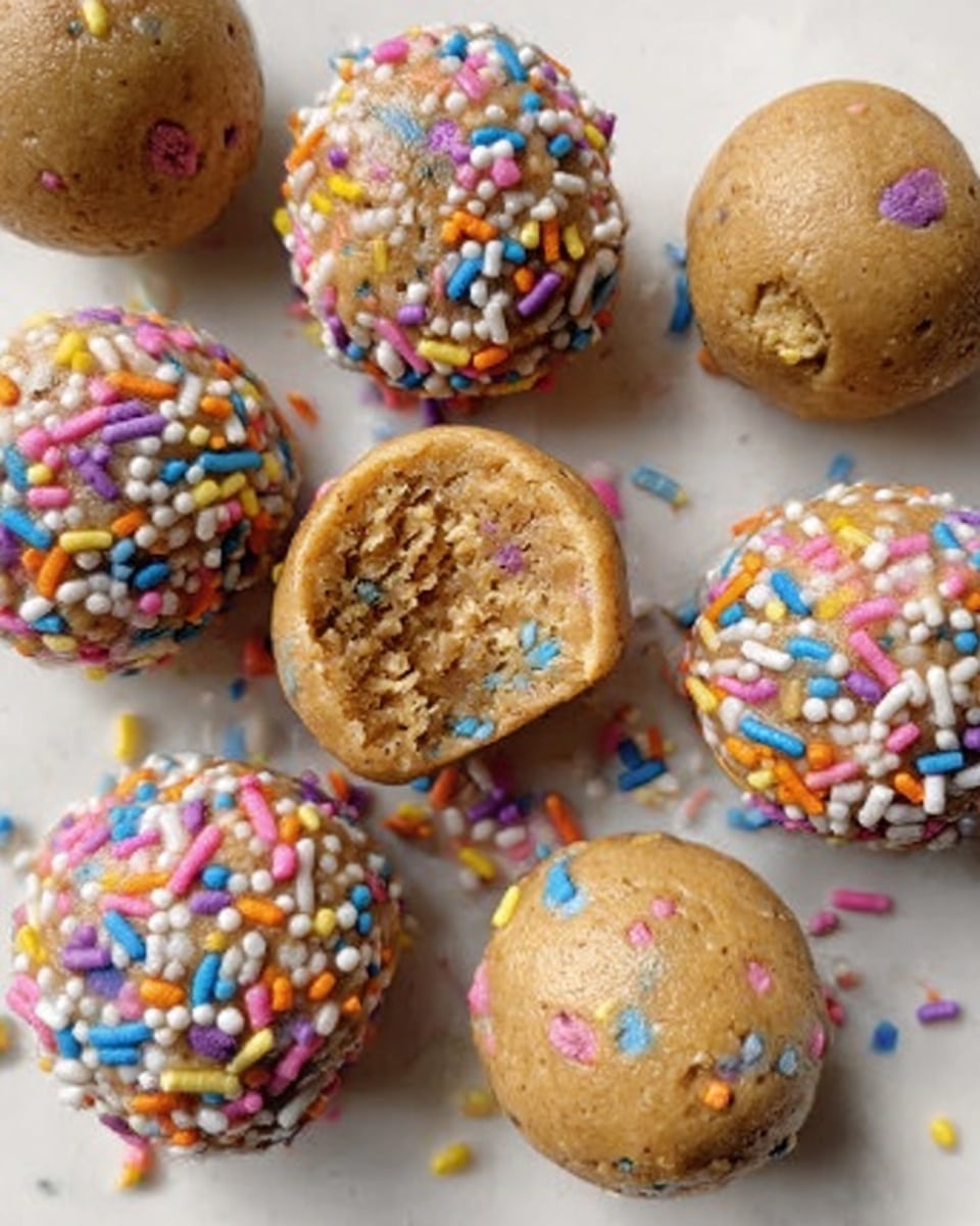 The image shows several round cookie dough balls on a white marbled surface. Some cookie dough balls are plain light brown with visible small bits of chocolate or candy pieces inside, while others are fully covered in colorful, long sprinkles in pastel shades of pink, purple, yellow, green, and blue. One cookie ball is bitten in the center of the image, revealing the soft, doughy inside with crunchy bits. The cookie balls have a smooth texture and are closely placed but not touching each other, creating a simple and bright look. Photo taken with an iphone --ar 4:5 --v 7