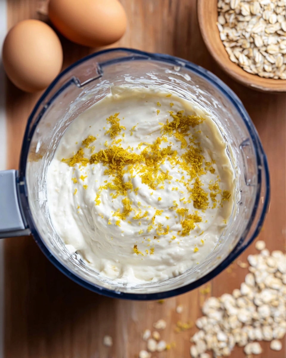 The image shows a clear blender jar filled with a thick, creamy white mixture that has small yellow lemon zest pieces sprinkled unevenly on top. The jar is positioned over a wooden surface with two whole brown eggs in the top left corner and a small wooden bowl with oatmeal flakes in the upper right corner. Loose oatmeal flakes are scattered around the bottom right of the blender jar, adding a natural touch. The texture inside the blender looks smooth but dense with visible lemon zest bits. Photo taken with an iphone --ar 4:5 --v 7