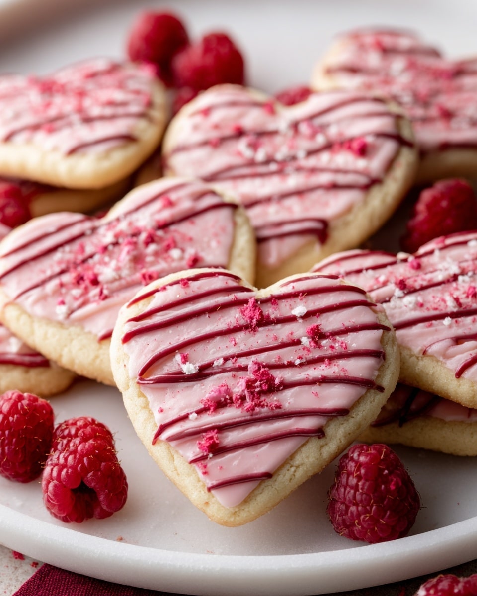 Heart-shaped cookies are stacked on a white plate with a white marbled surface underneath, each cookie topped with a smooth pink glaze. Dark red drizzle lines run diagonally across the top of the cookies, adding a textured pattern. The cookies are light beige in color and scattered fresh red raspberries sit around them on the plate. Crushed raspberry pieces are sprinkled on the glaze, creating a mix of smooth and rough textures. The overall look is colorful with layered shades of beige, soft pink, dark red, and bright red. Photo taken with an iphone --ar 4:5 --v 7
