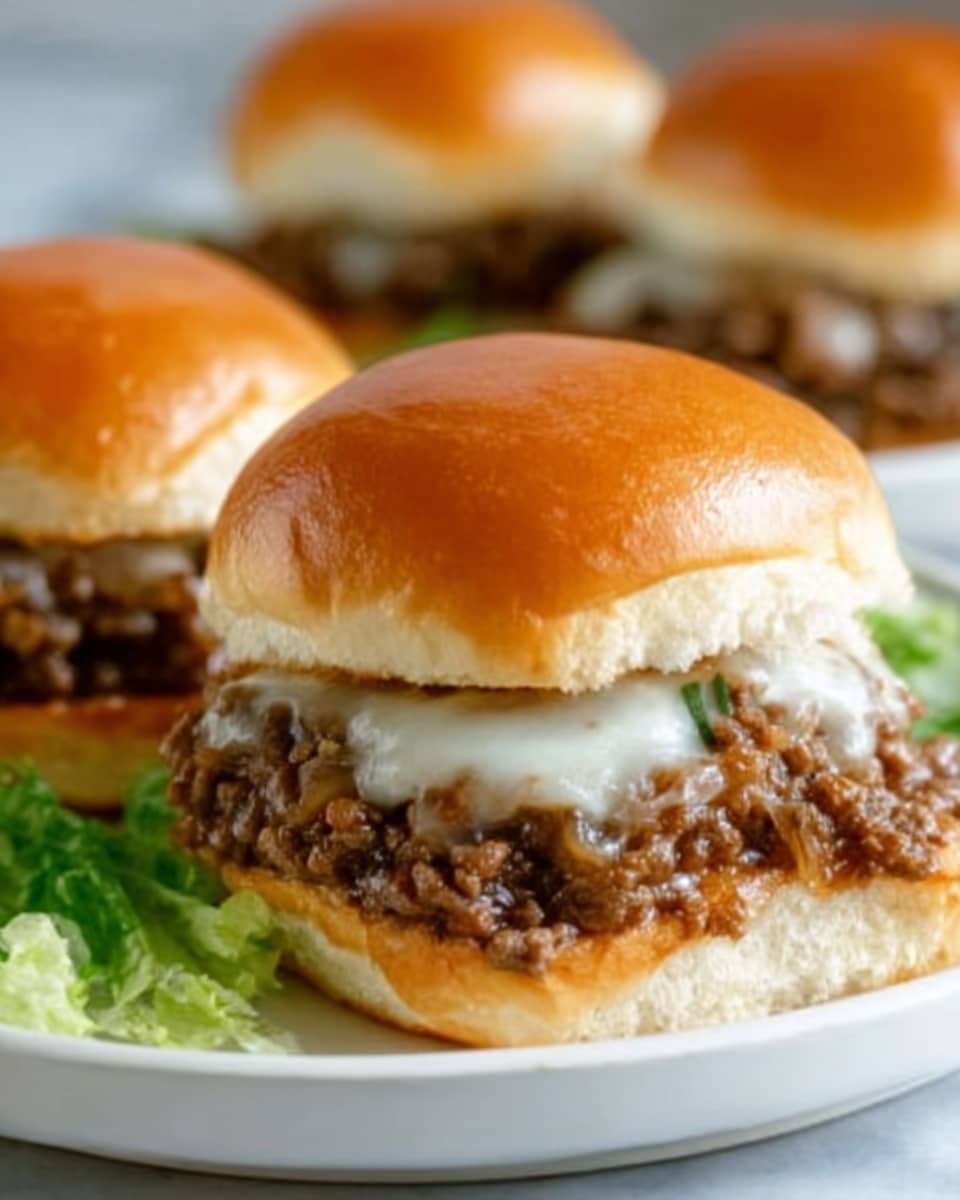 A close-up view of a sandwich in a soft, shiny golden bun with three layers: a bottom layer of light, fluffy bread, a middle layer filled with juicy ground beef mixed with finely chopped onions and melted white cheese, and a top layer of the shiny bun slightly pressed down; the sandwich sits on a white plate with a few scattered pieces of light green lettuce around it on a white marbled surface; in the background, there are two more similar sandwiches slightly out of focus. Photo taken with an iphone --ar 4:5 --v 7