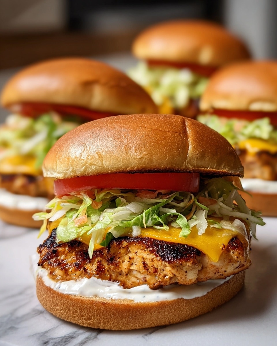 The image shows a close-up of a grilled chicken sandwich with four main layers. The bottom layer is a soft, light brown toasted bun with a spread of creamy white sauce. Above that is a thick, juicy, and well-seasoned grilled chicken patty with a slightly charred texture. On top of the chicken patty, there is a layer of melted yellow cheese that drapes slightly over the edges. Above the cheese, there are fresh slices of red tomato and a generous pile of shredded green lettuce. The sandwich is crowned with a smooth, shiny, light brown toasted top bun. In the background, three more similar sandwiches are visible but blurred, all set on a white marbled surface. photo taken with an iphone --ar 4:5 --v 7