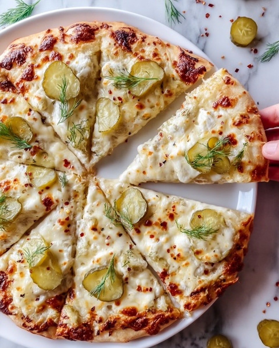 The image shows a close-up of a round pizza cut into slices on a white plate placed on a white marbled surface. The pizza has a golden-brown crust and is topped with melted white cheese that is bubbly and slightly browned in spots. There are thin slices of green pickles scattered evenly over the cheese layer, along with small sprigs of fresh green dill on top. The pizza texture looks soft with crisp edges, and a woman's hand is holding one slice, lifting it slightly. Some red pepper flakes and pickle slices are scattered on the white marbled surface nearby. Photo taken with an iphone --ar 4:5 --v 7