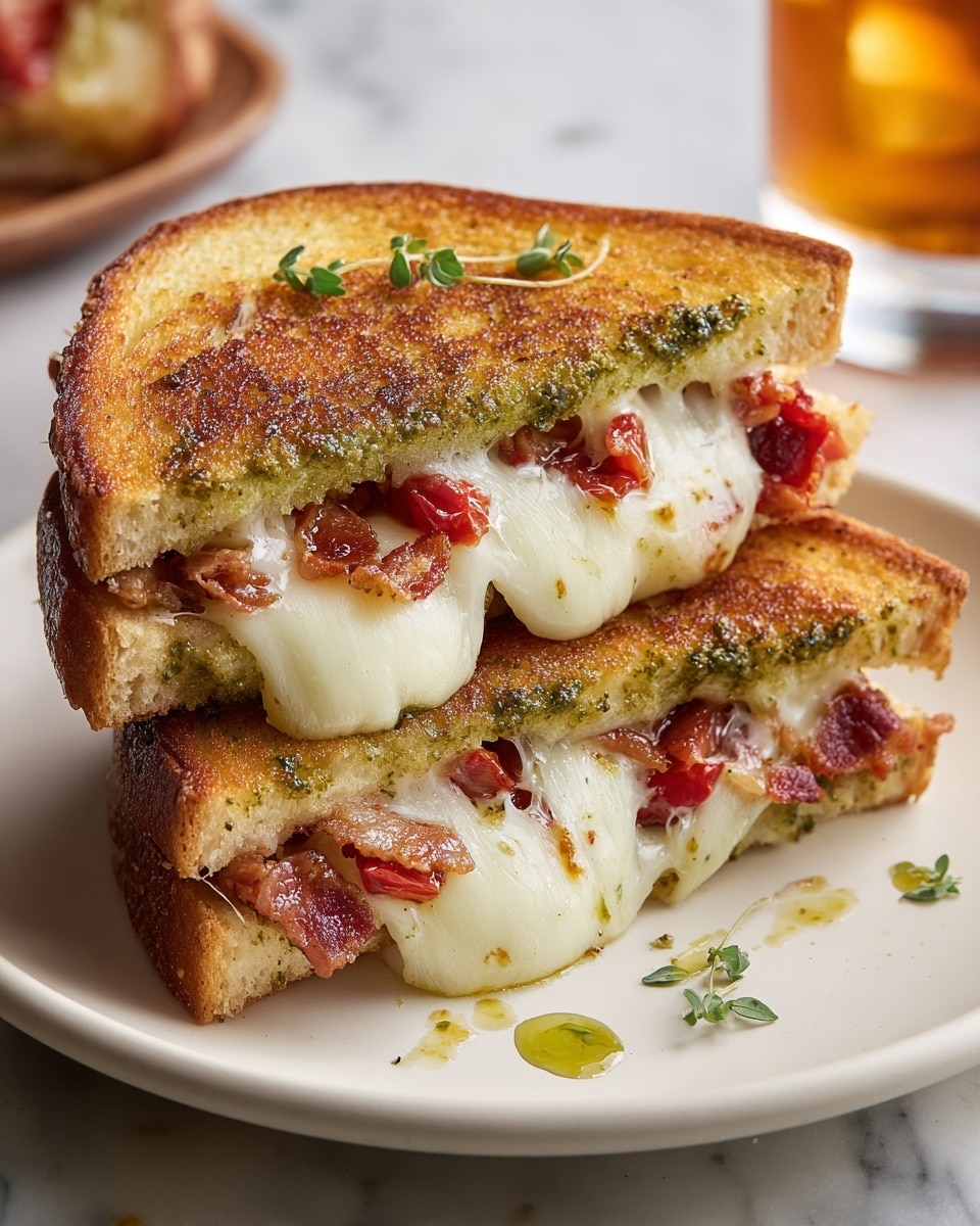 A toasted sandwich cut in half is stacked on a round white plate with small drops of green herb oil and chopped herbs around it. The sandwich has two layers of golden brown toasted bread with a slightly crispy texture and green pesto spread on the inside of each slice. Between the bread is a thick layer of melted white cheese that stretches out and looks gooey, with pieces of red sun-dried tomatoes and small bits of cooked bacon mixed into the cheese. The white plate sits on a white marbled surface, and in the background, there is a glass with iced dark brown tea and a blurred white plate. Photo taken with an iphone --ar 4:5 --v 7