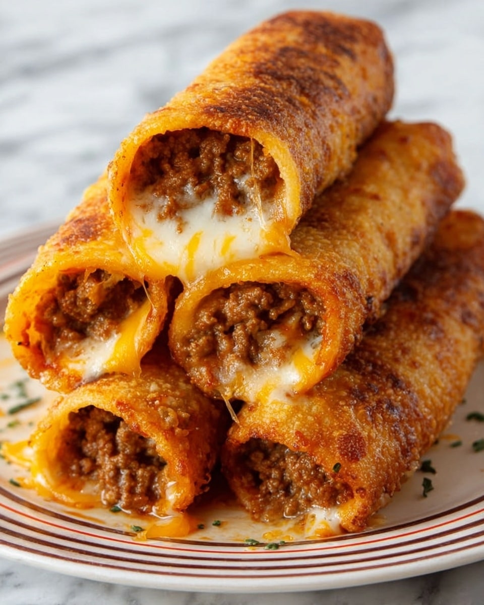 The dish shows three breadsticks stacked on a white plate with red and yellow stripes. Each breadstick is golden brown and covered with melted orange cheese on top. One breadstick is cut open, revealing a filling inside that has three visible layers: a top layer of melted white cheese, a thick middle layer of browned ground meat mixed with red tomato bits, and the outer bread layer which looks soft but slightly crispy. The plate sits on a white marbled texture surface. photo taken with an iphone --ar 4:5 --v 7