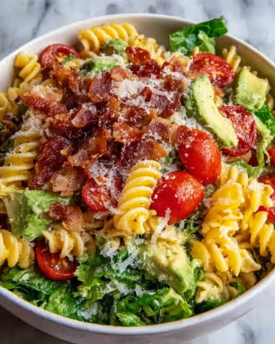A white bowl filled with a colorful pasta salad sits on a white marbled surface. The dish has several layers: a base of fresh green lettuce leaves, followed by pasta spirals that are light yellow in color. Mixed throughout are bright red cherry tomatoes, chunks of light green avocado, and crispy brown bacon pieces. The salad is topped with a sprinkling of grated cheese that adds a light yellow texture over the ingredients. photo taken with an iphone --ar 4:5 --v 7