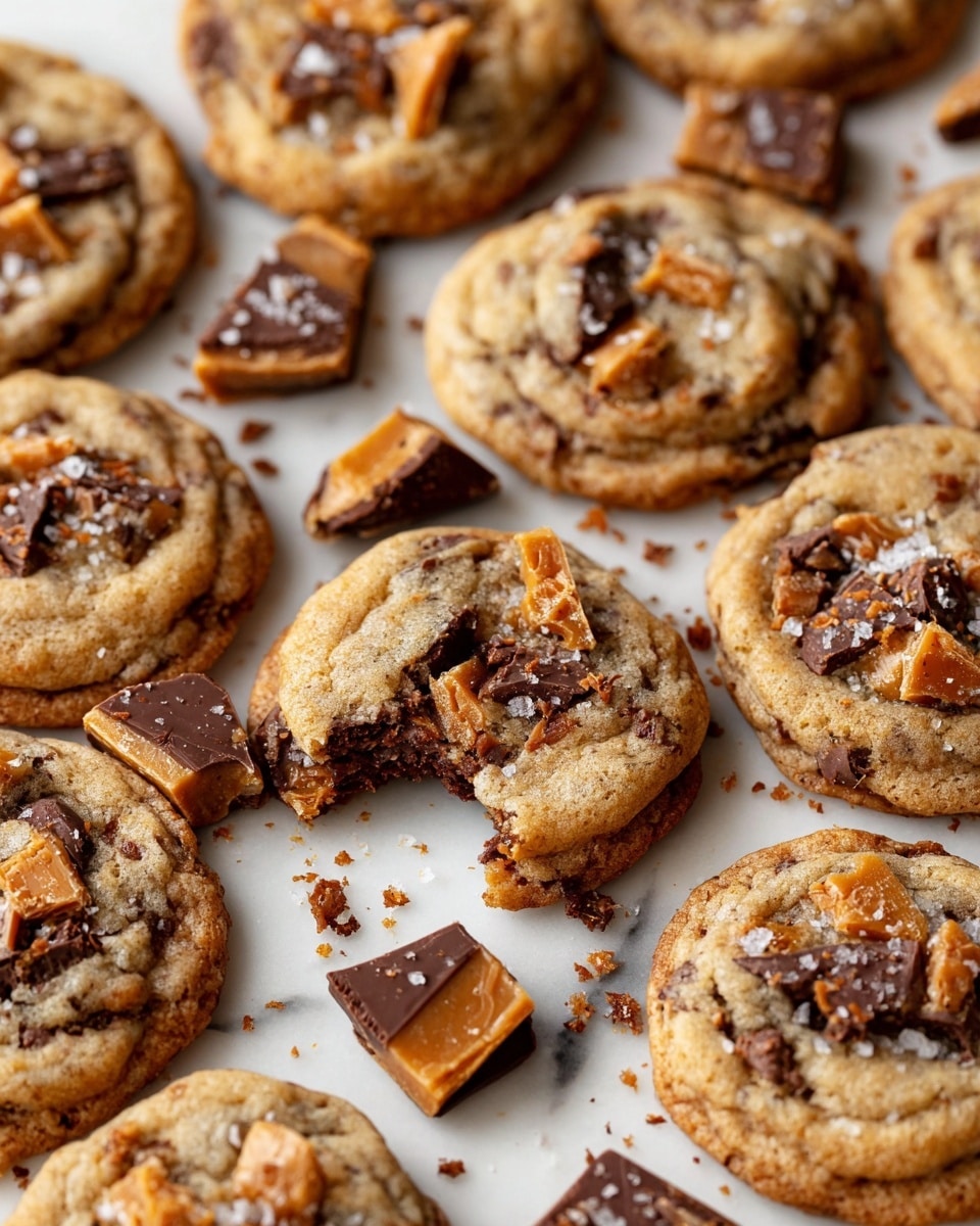 A close-up view of several soft cookies spread over a white marbled surface, each cookie filled with dark chocolate chunks and golden-brown toffee pieces. The cookies are a light brown color with a slightly cracked texture and visible glistening salt flakes on top. Some broken toffee shards, coated with dark chocolate on one side, are scattered among the cookies, adding contrast with their rich brown and caramel tones. One cookie in the center is broken into two pieces, showing gooey, melted dark chocolate inside. The overall scene is warm and inviting with a mix of round cookies and irregular toffee pieces. photo taken with an iphone --ar 4:5 --v 7