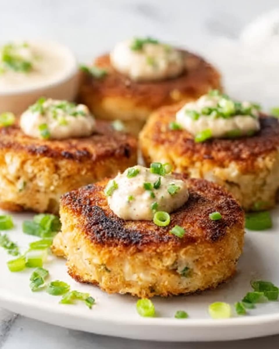 The image shows four golden-brown crab cakes with a crispy outside, placed on a clean white plate. Each crab cake has a small dollop of cream-colored sauce on top, sprinkled with tiny chopped green herbs. The crab cakes are arranged close together, with some light green chopped scallions scattered around the plate. The surface beneath the plate is a white marbled texture. Photo taken with an iphone --ar 4:5 --v 7