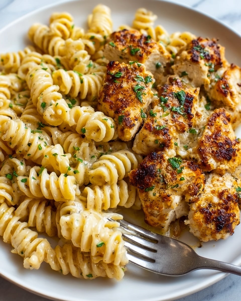 The image shows a white plate filled with spiral pasta on the left side, with a light yellow color and firm texture. On the right side, there are pieces of grilled chicken with a golden-brown crust and small green herb sprinkles on top. The chicken looks juicy and tender. A silver fork is placed near the chicken, resting on the plate. The background is a white marbled texture. photo taken with an iphone --ar 4:5 --v 7