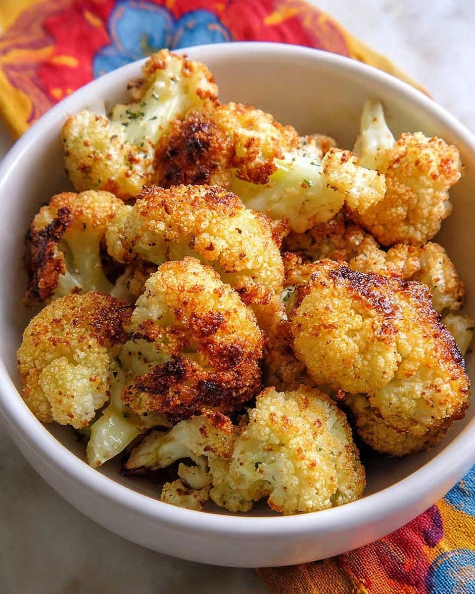 A white bowl filled with several pieces of roasted cauliflower, showing a golden-brown, crispy texture with some darker, charred edges. The cauliflower pieces are irregular in shape, each with a rough, crunchy surface covered in seasoning, and slightly separated from each other. The bowl sits on a white marbled texture background, with a colorful cloth featuring red, blue, yellow, and green patches partly visible at the top and sides. Photo taken with an iphone --ar 4:5 --v 7