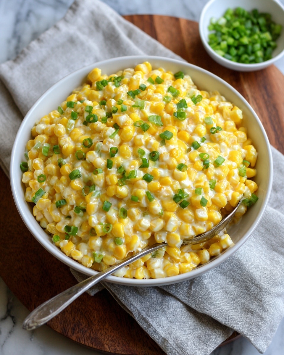 A white bowl filled with a creamy corn salad that has visible yellow corn kernels mixed with a smooth, light beige sauce, topped with small pieces of green onions scattered on top. The bowl is placed on a light gray cloth napkin, resting on a white marbled surface with some soft folds of a light-colored cloth nearby. A silver spoon lies next to the bowl, and a stack of white tortilla chips is partially visible in the background. Photo taken with an iphone --ar 4:5 --v 7