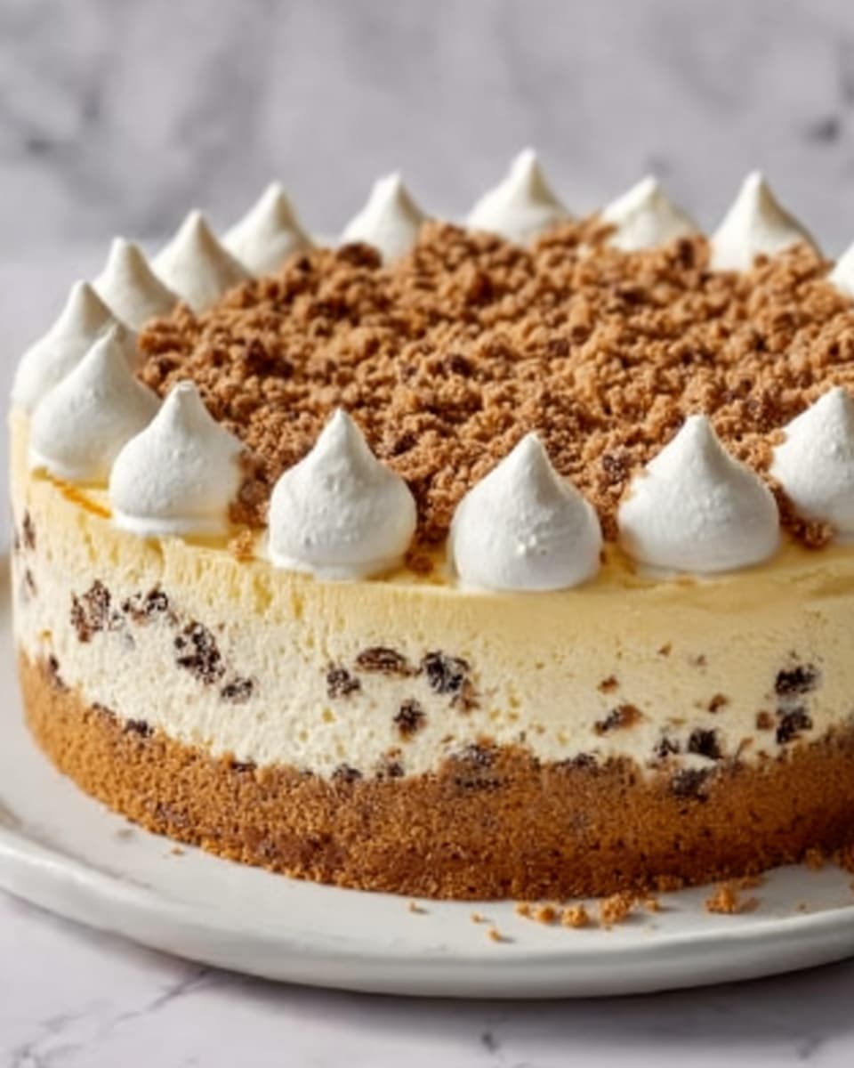 A close-up of a round cheesecake with three main layers: a thick golden brown crust at the bottom, a creamy pale yellow cheese layer in the middle, and a topping made of white whipped cream dollops evenly spaced around the edge. There are brown nut pieces sprinkled heavily across the center and on the whipped cream, adding texture and color contrast. The cheesecake sits on a white plate, placed on a white marbled surface. Photo taken with an iphone --ar 4:5 --v 7