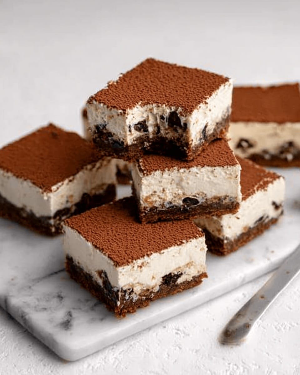 A stack of four square brownie bars is shown on a white marbled surface. Each bar has two layers: the bottom layer is dark brown with visible chunks of melted chocolate, showing a moist and dense texture, while the top layer is a thick, creamy white frosting dusted generously with a fine layer of cocoa powder. The top bar has a bite taken out of one corner, revealing the rich, gooey texture inside. The edges of the frosting on the bitten part show softness and slight melting. Photo taken with an iphone --ar 4:5 --v 7