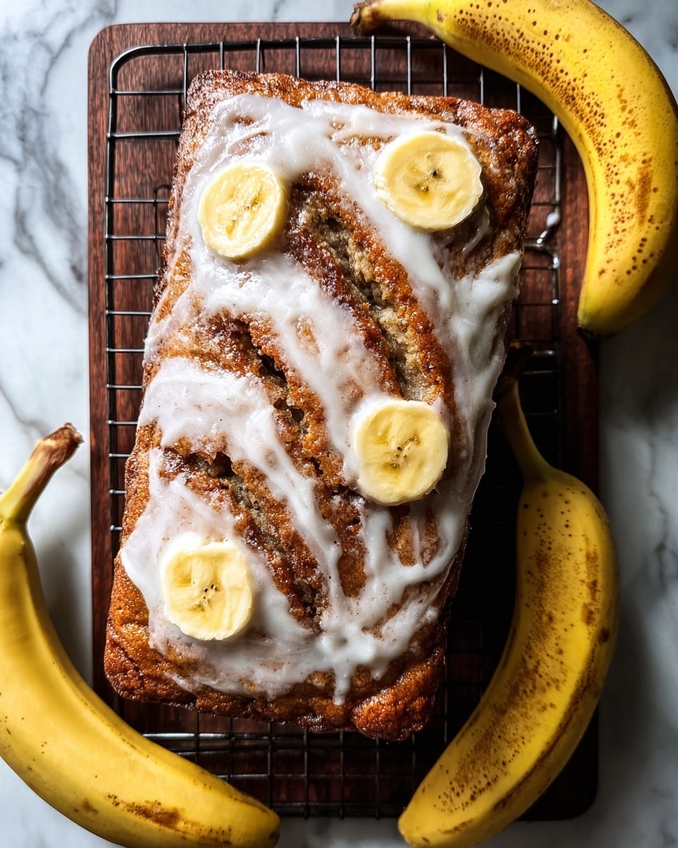 A rectangular banana bread loaf sits on a dark cooling rack over a white marbled surface, surrounded by three ripe bananas with brown spots. The top of the bread is textured with swirls of cinnamon and has a shiny, white glaze drizzled unevenly over it. There are visible banana slices baked into the top layer, adding a pale yellow contrast to the darker brown and cinnamon tones. The bread has a rough, crumbly crust along the edges with visible moistness inside. Photo taken with an iphone --ar 4:5 --v 7