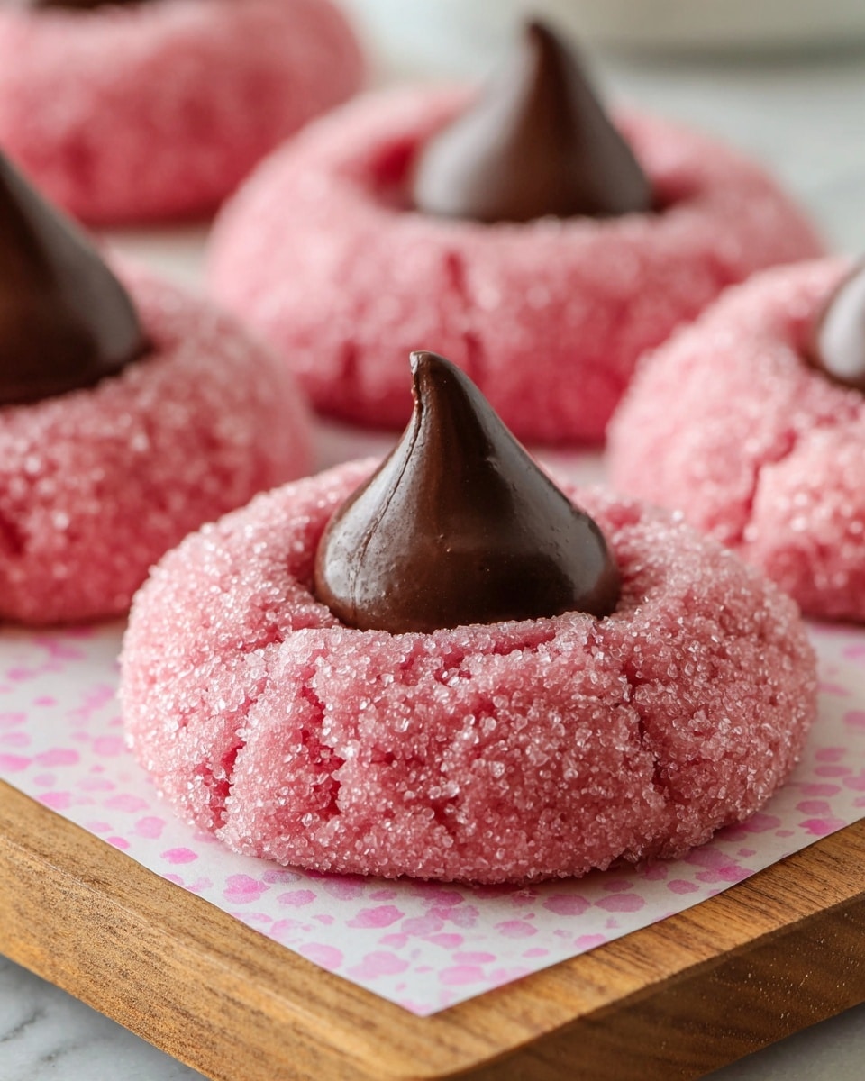 The image shows four round, pink cookies with a sugar-coated rough texture on their surface, each cookie having a single dark brown cone-shaped chocolate center. Each cookie is placed on a small square piece of white paper with faint pink text, arranged on a white marbled surface with a light wooden board partially visible underneath. The pink color of the cookies is bright and even, and the contrast with the smooth, glossy chocolate cone in the middle is clear. One cookie is in sharp focus in the front, while the others fade softly in the background. Photo taken with an iphone --ar 4:5 --v 7