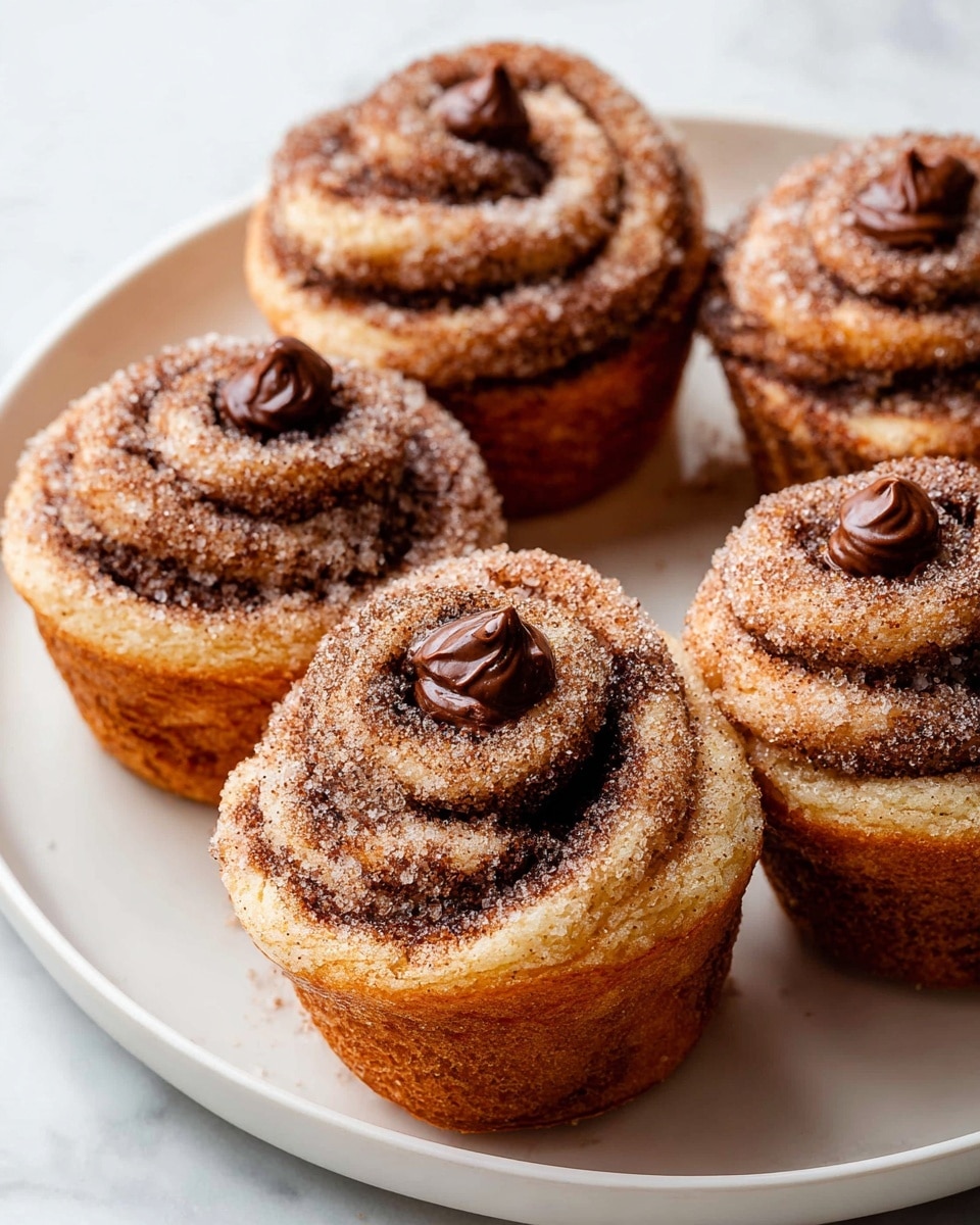 Five cinnamon sugar-coated swirled cupcakes are placed close together on a white plate. Each cupcake has three main layers: a light brown, fluffy dough base with a dark brown cinnamon swirl pattern wrapped around it, dusted heavily with fine white sugar sparkling under light, creating a grainy texture outside. The tops show a round swirl shape with a small dollop of rich, dark chocolate cream tucked into the center of each swirl as a shiny, smooth accent. The plate rests on a white marbled surface, making the warm brown tones of the cupcakes stand out. photo taken with an iphone --ar 4:5 --v 7