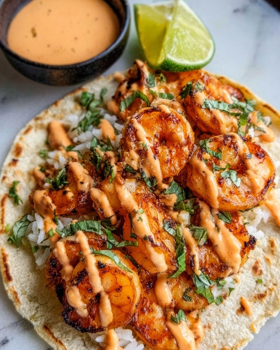 A white plate holds a single taco with a soft, slightly toasted tortilla base. On top, there are five grilled shrimp with a light char, their orange-pink color glowing. Under the shrimp, there is a creamy layer of light green sauce, and a few small green cilantro leaves are scattered on top. A wedge of lime is placed on the right side of the taco. The photo is taken with an iphone --ar 4:5 --v 7