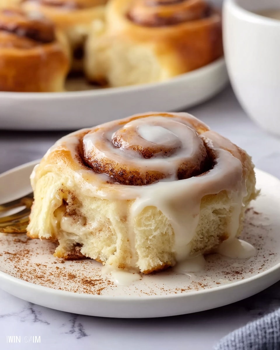 A close-up of a single cinnamon roll on a white plate, showing its soft, fluffy layers coiled tightly in a spiral with a golden-brown crust on top. The top is covered with thick white icing that drips down the sides, making the cinnamon roll look moist and sweet. The plate is placed on a white marbled surface, sprinkled lightly with cinnamon powder. In the background, blurred cinnamon rolls and a white cup create a warm, cozy atmosphere. Photo taken with an iphone --ar 4:5 --v 7