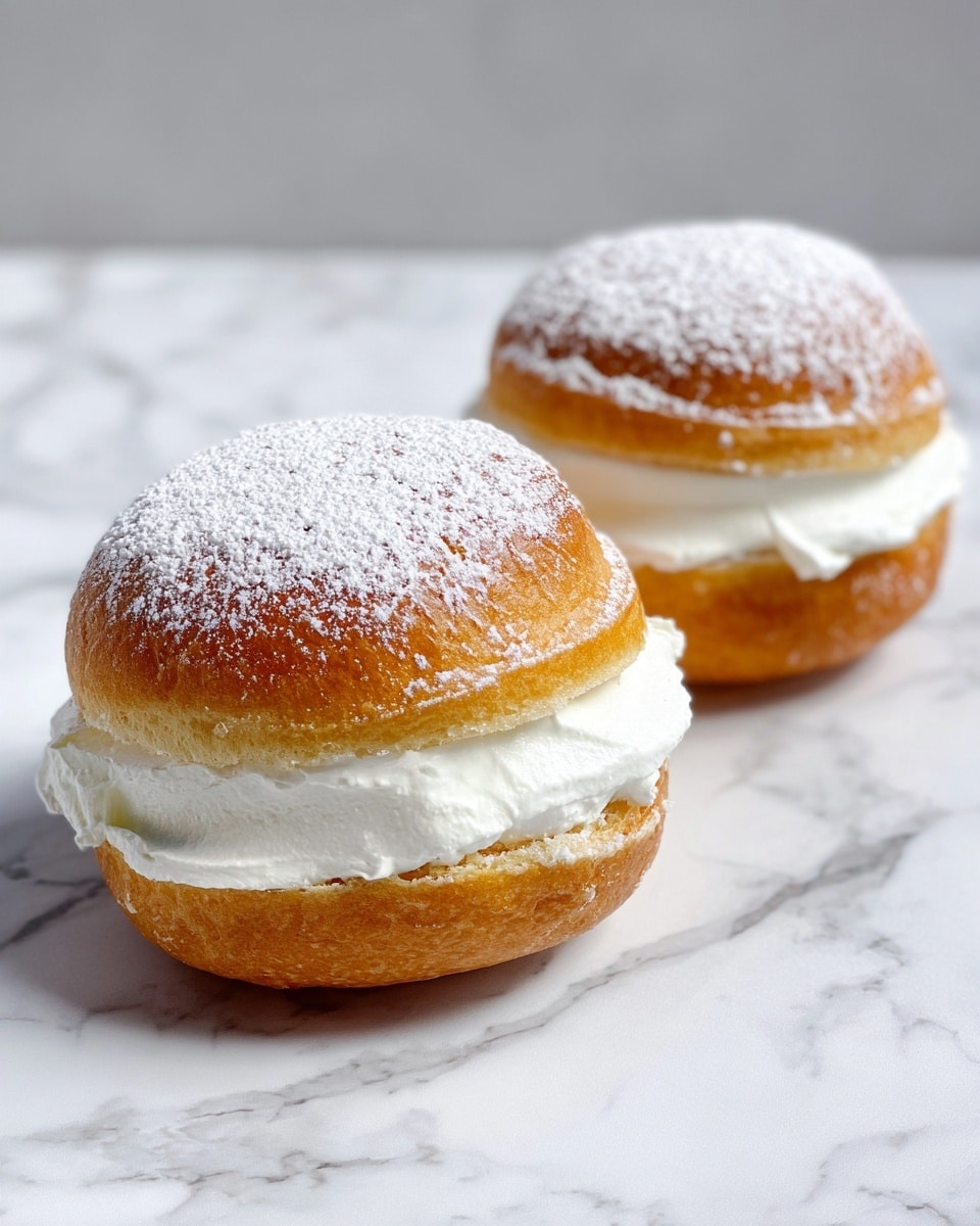 Two small round sandwiches made of golden brown soft buns are shown on a white marbled surface. Each sandwich has a thick middle layer of white fluffy cream filling that spreads to the edges. The top of each bun is dusted with a light layer of white powdered sugar, giving a soft textured look. The buns appear slightly glossy and tender, with the cream layer cleanly separating the top and bottom halves. The image focuses closely on the front sandwich, with the second one slightly blurred in the background. photo taken with an iphone --ar 4:5 --v 7