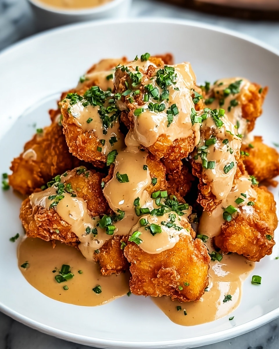 A mound of golden-brown crispy fried chicken pieces piled on a white plate, each piece coated with a thick, creamy light brown sauce that drips slightly down the sides, topped with small, bright green chopped herbs scattered across the sauce. The chicken pieces show a rough, crunchy texture under the smooth, glossy sauce. The plate sits on a white marbled surface. photo taken with an iphone --ar 4:5 --v 7