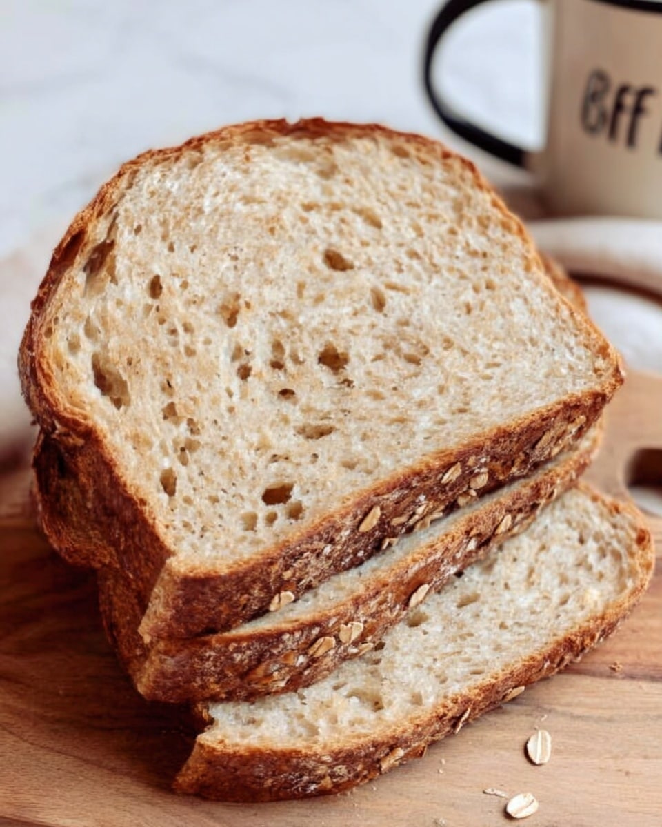 Three slices of light brown bread with a crust that is darker and sprinkled with oats are stacked slightly overlapping on a wooden board. The bread’s inside is porous and soft-looking with small air holes spread evenly. Part of a white cup with black text is visible at the top right corner, resting on the wooden board. The background is a white marbled texture. photo taken with an iphone --ar 4:5 --v 7