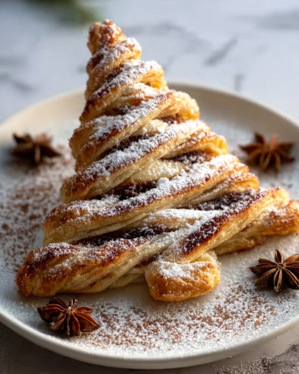A Christmas tree-shaped pastry made of twisted golden-brown dough layers dusted with powdered sugar, placed on a round white plate, sitting on a white marbled surface. The pastry's layers are visibly flaky with hints of cinnamon or chocolate inside the twists, creating a textured and cozy look. Star anise spices decorate the plate around the pastry, adding a festive touch. Photo taken with an iphone --ar 4:5 --v 7