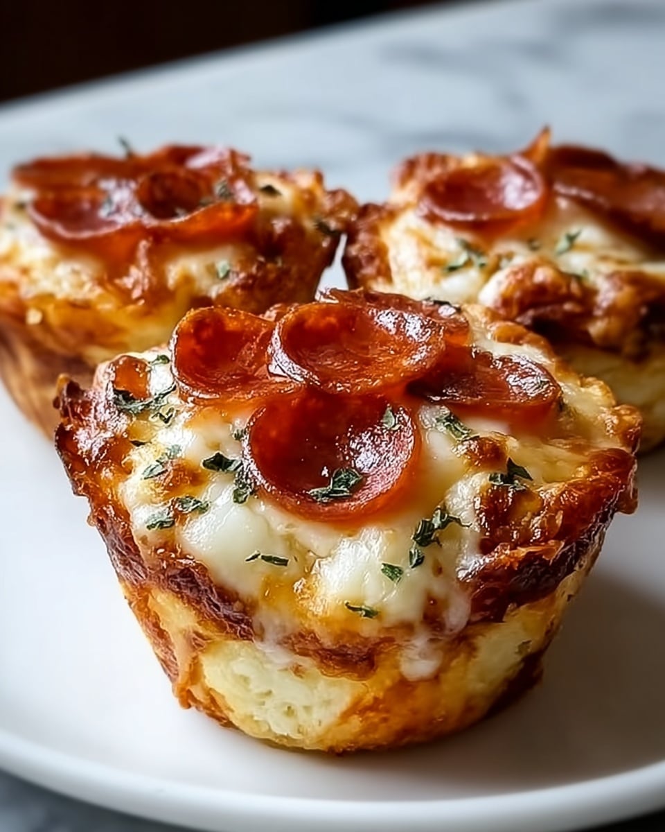 Three mini pepperoni pizza cups sit closely together on a white plate over a white marbled surface. Each cup has several layers: the bottom layer is golden, crisp pizza dough forming a round base, followed by a thick layer of melted, creamy mozzarella cheese that spills slightly over the edges and looks gooey with a slight browning on top. Thin, spicy red pepperoni slices rest on the cheese, some slightly curled up from baking, and small bits of dried herbs sprinkle over the top, adding texture and a touch of greenish-brown color. The background is softly blurred indoor lighting, emphasizing the sharp focus on the pizza cups. Photo taken with an iphone --ar 4:5 --v 7