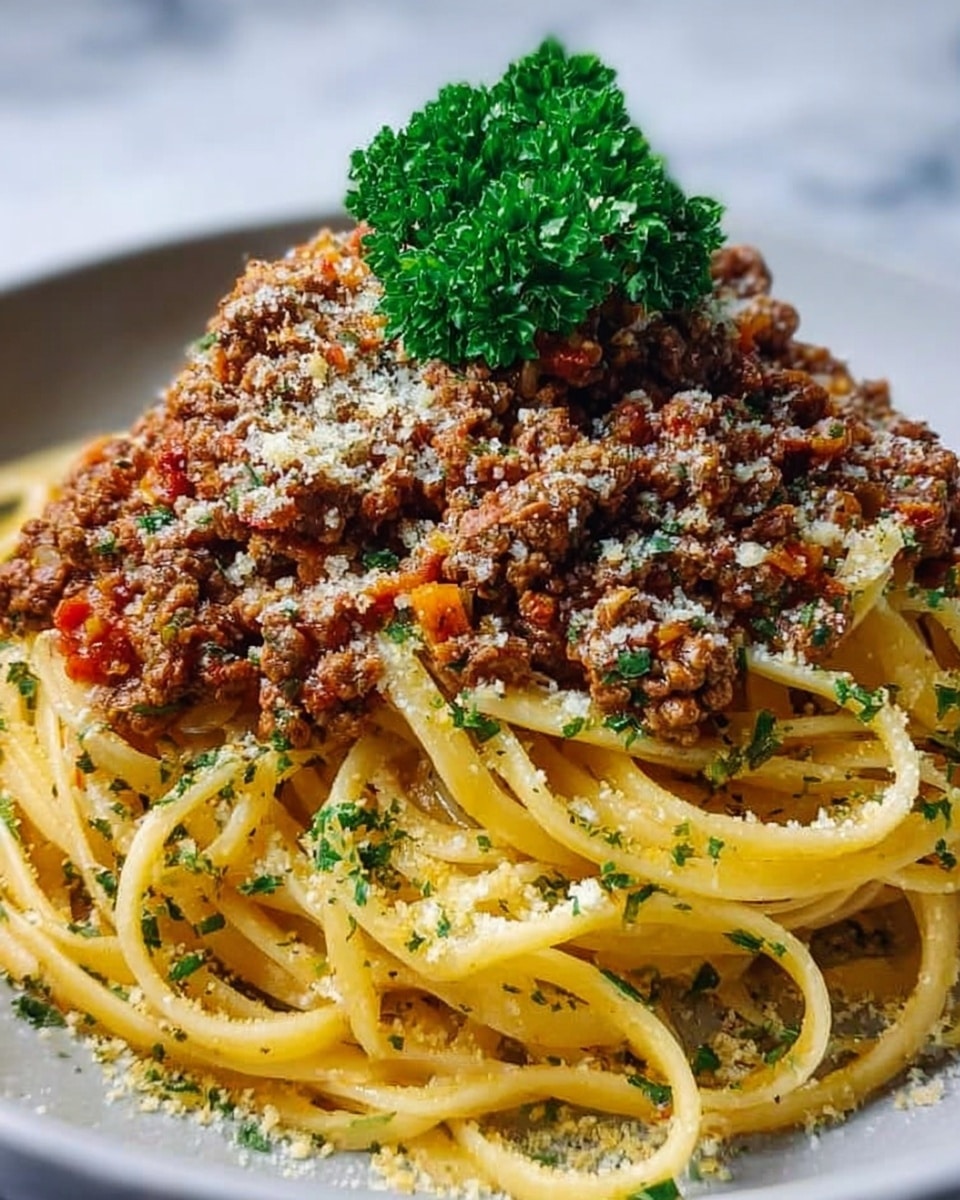 The image shows a tall stack of cooked yellow pasta noodles at the bottom, coated lightly with oil or sauce, with small green herb pieces sprinkled on them. On top of the noodles is a thick layer of brown cooked ground meat mixed with small bits of red and orange vegetables and finely chopped green herbs. The meat layer is topped with a light dusting of grated white cheese. A small bunch of fresh green parsley sits neatly on the very top. The dish is served in a white bowl set on a white marbled surface. Photo taken with an iphone --ar 4:5 --v 7