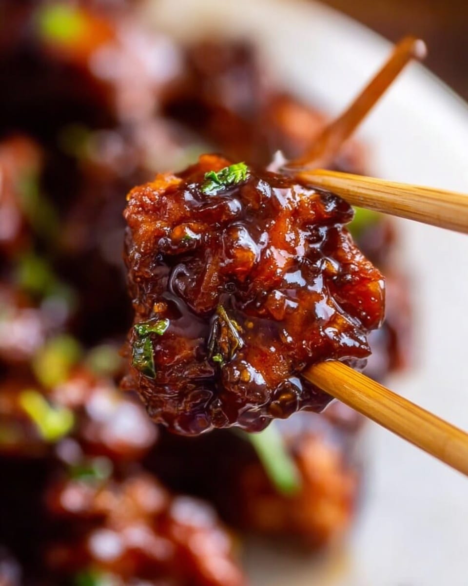 A close-up view of two glossy pieces of sticky glazed meat held between light brown wooden chopsticks, showing a rich, dark reddish-brown sauce with a shiny, thick texture and small green herb bits on top. The background is softly blurred with warm tones, emphasizing the juicy meat pieces. Photo taken with an iphone --ar 4:5 --v 7