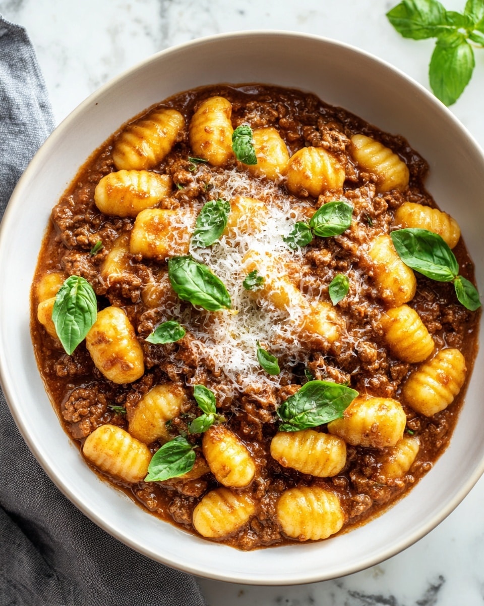 A white bowl filled with plump, ridged gnocchi pasta covered in a thick, rich brown meat sauce. The gnocchi pieces are soft yellow with a lightly glossy texture, nestled evenly in the sauce. On top, there are fresh, bright green basil leaves scattered around, adding a pop of color. A light dusting of finely grated white cheese is spread over the center, melting slightly into the sauce. The bowl rests on a white marbled surface, with a soft gray cloth visible in one corner. Photo taken with an iphone --ar 4:5 --v 7