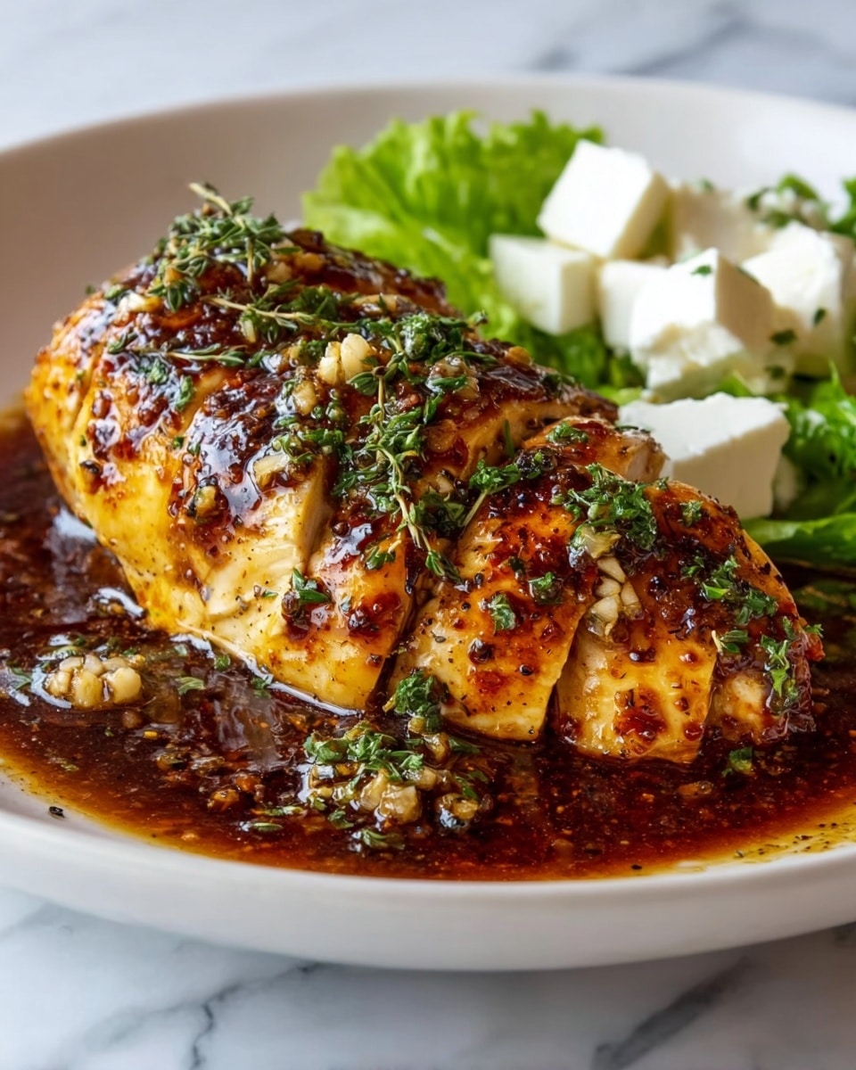 A thick piece of sliced chicken breast is placed in the center of a white plate, covered in a rich, dark brown sauce with visible bits of garlic and fresh green herbs scattered on top. The chicken is juicy with a golden-yellow and slightly charred surface, showing the white inside between the slices. To the back right side of the plate, there are several small, white cubes of cheese sitting on a bed of fresh green lettuce, adding contrast with their soft texture. The plate rests on a white marbled texture surface. Photo taken with an iphone --ar 4:5 --v 7