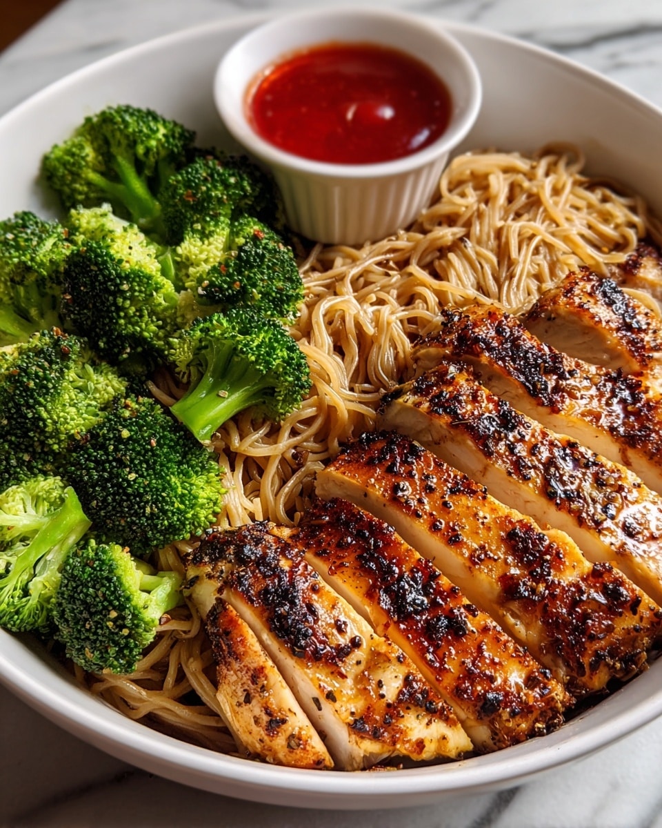 The image shows a white bowl filled with three main layers: in the bottom left section, there are light brown, thin noodles slightly glossy and a bit tangled; next to the noodles, on the top left, there is a layer of bright green broccoli florets that look soft and steamed; on the right side, sliced grilled chicken breast is arranged in two rows with a golden-brown, slightly charred, and seasoned crust, revealing tender white meat inside. At the top center of the bowl, a small white cup contains a bright red sauce. The bowl sits on a white marbled surface. photo taken with an iphone --ar 4:5 --v 7