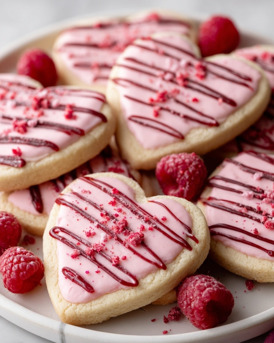 A white plate contains six heart-shaped cookies arranged in two rows, each topped with light pink icing. The icing is decorated with thin dark pink drizzle lines running horizontally across the cookies, adding texture. Small red raspberry pieces are sprinkled on top of the icing, providing a contrast with the pale pink. Fresh red raspberries are placed in between the cookies on the plate, enhancing the color scheme. The entire scene is set on a white marbled surface, creating a clean and bright background. Photo taken with an iphone --ar 4:5 --v 7