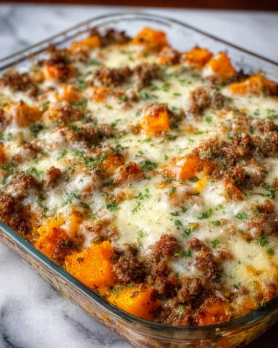 A close-up view of a glass baking dish filled with a baked dish showing three layers: the bottom layer is a mixture of brown ground meat and vegetables, the middle layer consists of bright orange chunks of butternut squash, and the top layer is melted white cheese with a bubbly texture sprinkled with small chopped green herbs evenly spread across the surface. The dish is placed on a white marbled texture background. photo taken with an iphone --ar 4:5 --v 7