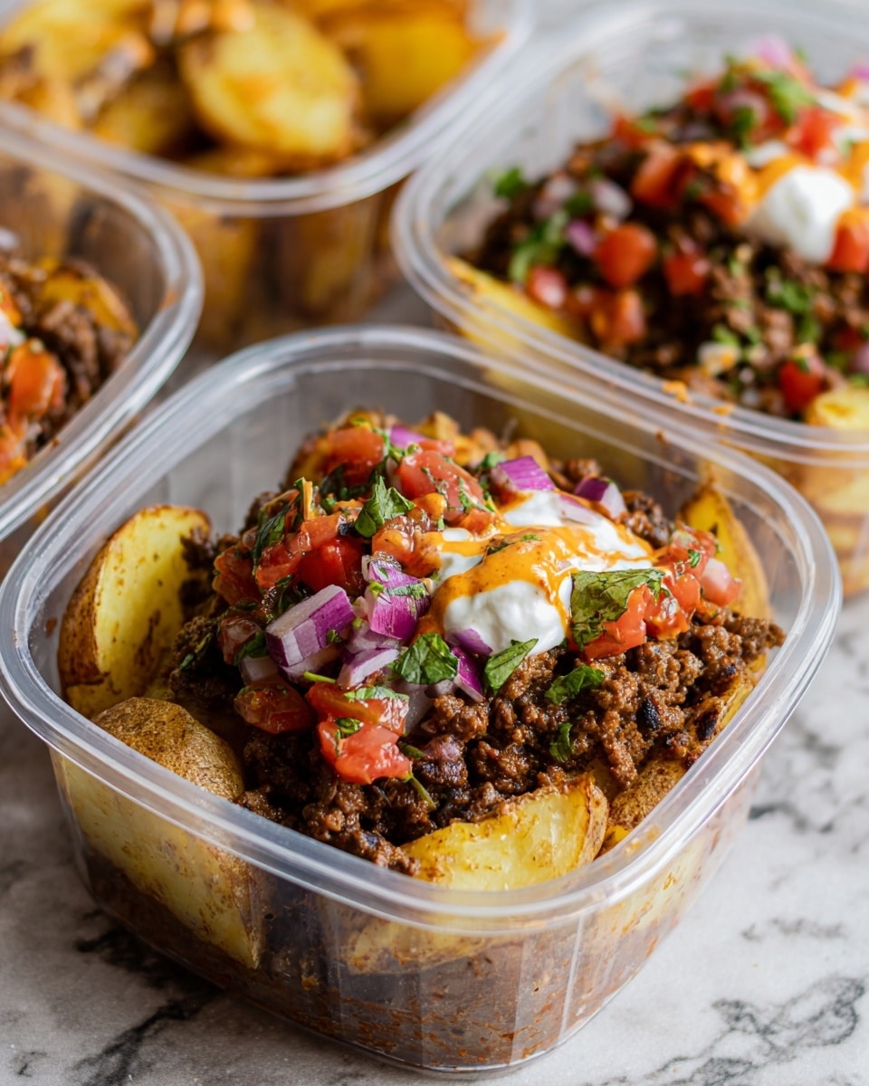 The image shows a clear plastic container filled with several layers of food. The bottom layer consists of roasted potato wedges, golden brown with a slightly crispy texture. On top of the potatoes is a generous layer of cooked ground beef, dark brown and crumbly. Above the meat, there is a thick dollop of white sour cream, slightly melted and mixed with light orange sauce. The dish is crowned with a fresh, colorful salsa made up of bright red diced tomatoes, finely chopped red onions, and green herbs scattered evenly. In the background, two more similar containers with other dishes rest on a white marbled surface. photo taken with an iphone --ar 4:5 --v 7