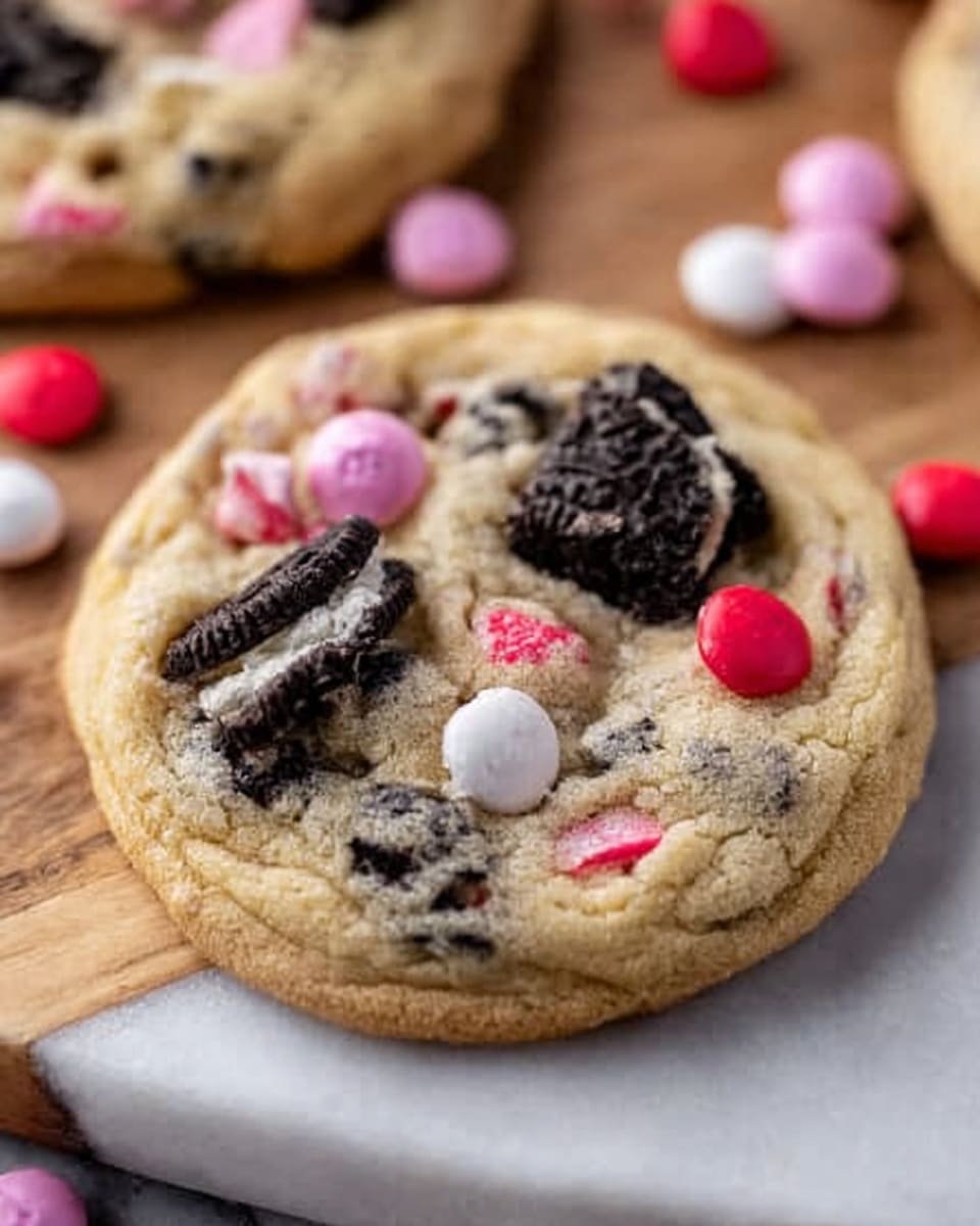 The image shows a close-up of a single cookie resting on a white marbled surface. The cookie is thick and round, with a slightly golden-brown base dotted with small black specks. Embedded in the cookie dough are chunky pieces of black-and-white sandwich cookies, along with colorful pink, red, and white candy-coated chocolates scattered across the top, adding bright pops of color and a smooth, shiny texture. The cookie's surface looks soft and slightly crinkled, giving it a fresh-baked, chewy appearance. Photo taken with an iphone --ar 4:5 --v 7