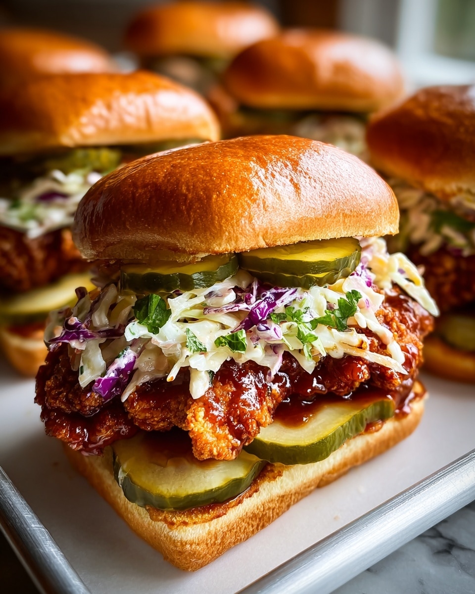 A close-up view of a sandwich featuring a toasted golden-brown bun with a soft, fluffy texture and lightly shiny top, holding three main layers: the bottom layer with several thick green pickle slices, the middle layer of crispy, dark brown fried chicken coated in a sticky glaze, and the top layer of fresh coleslaw made of finely shredded white and purple cabbage mixed with green herbs, finished with additional pickle slices placed above the coleslaw inside the top bun. The sandwich is presented on a white tray with other similar sandwiches blurred in the background, all against a white marbled texture surface. photo taken with an iphone --ar 4:5 --v 7