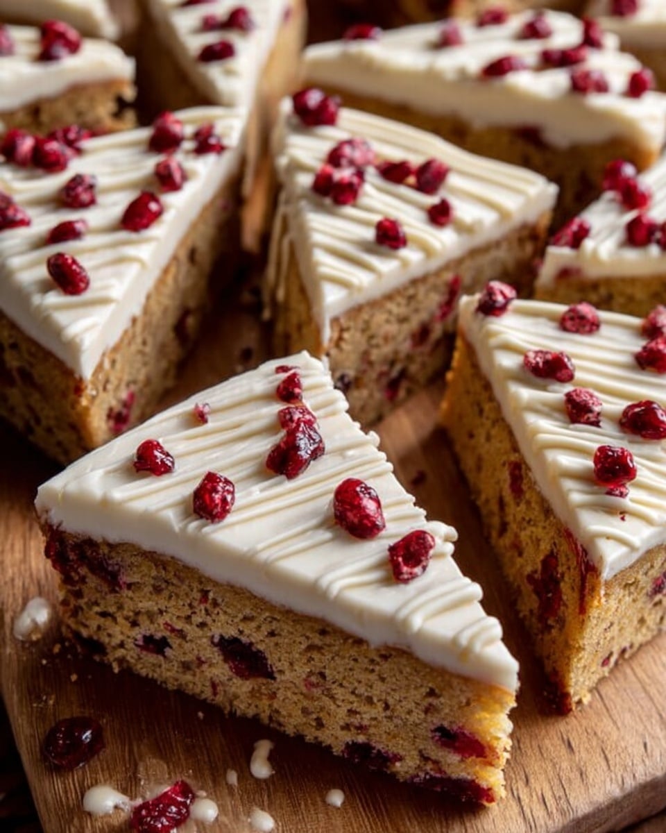 The image shows multiple triangular slices of a cake arranged closely together on a wooden surface. Each slice has two main layers: a thick, light brown base that looks soft and studded with red berry pieces, and a thick white top layer of smooth frosting. The frosting is decorated with small red berries scattered on top and thin white drizzles. Some crumbs and berry pieces are scattered around the slices on the wooden surface, adding a natural touch. photo taken with an iphone --ar 4:5 --v 7