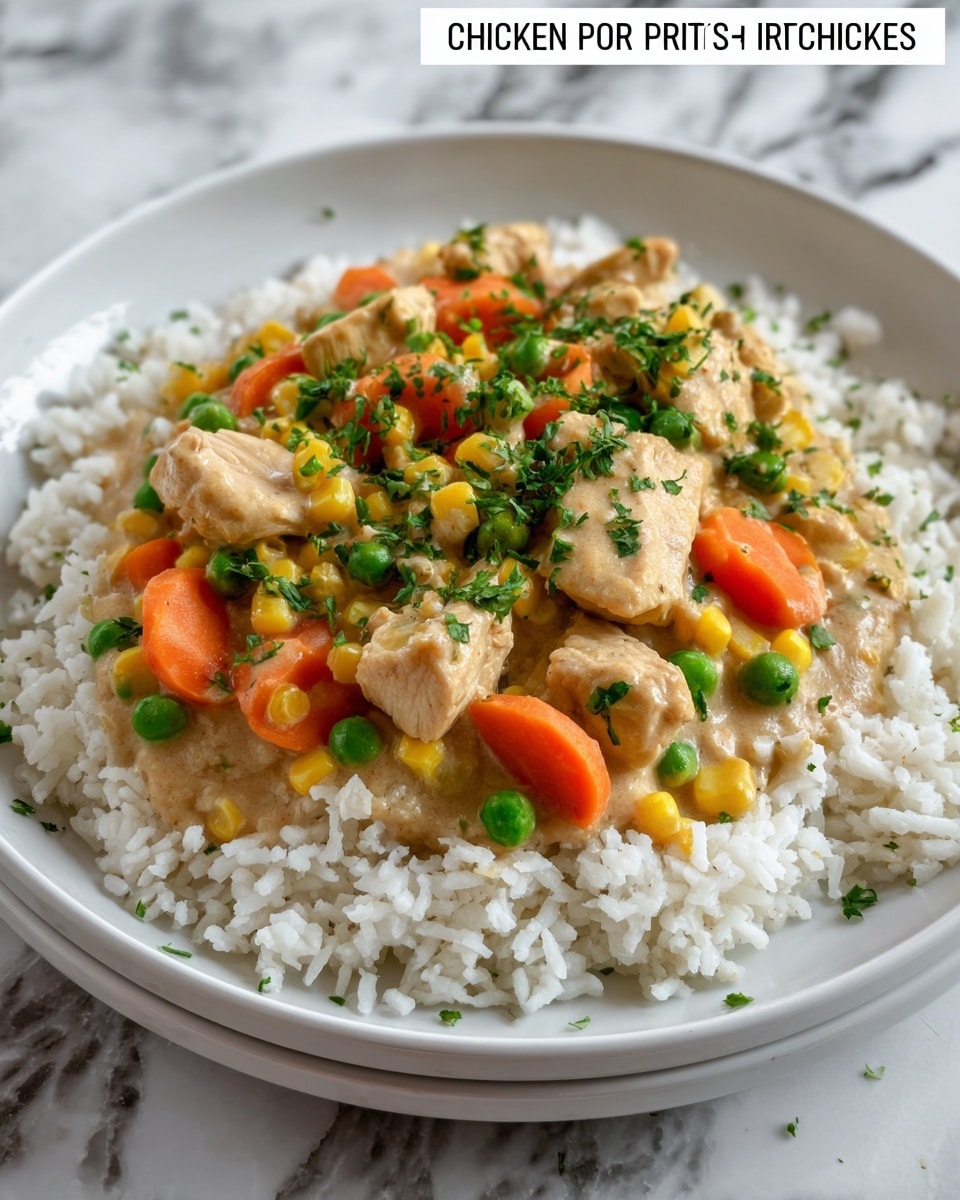 A white plate on a white marbled surface holds a dish with two main layers. The bottom layer is white rice, fluffy and evenly spread across the plate. The top layer is a thick creamy stew with large chicken chunks, bright orange carrot slices, yellow corn kernels, and green peas mixed in. The stew is light brown and garnished with chopped green herbs scattered on top, creating a colorful and hearty look. Photo taken with an iphone --ar 4:5 --v 7