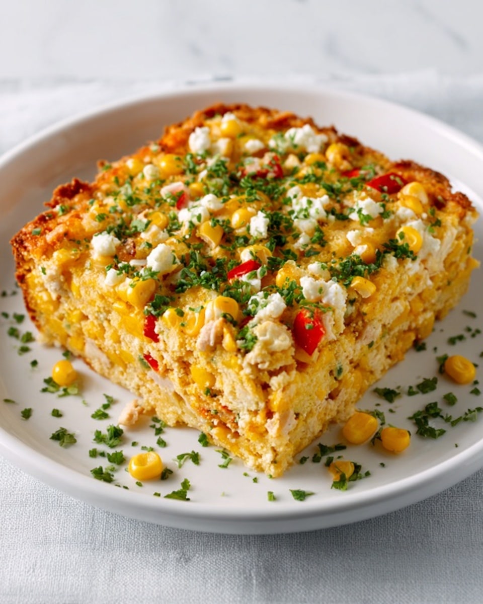 A golden-brown corn casserole square sits on a white plate with a white marbled texture background. The dish has three visible layers: the bottom layer is creamy with soft yellow corn kernels mixed in, the middle layer contains chunks of light brown filling with bits of red pepper, and the top layer is a crispy, browned crust with melted cheese. Fresh green chopped herbs are generously piled on top and scattered around the plate edges for garnish. Photo taken with an iphone --ar 4:5 --v 7