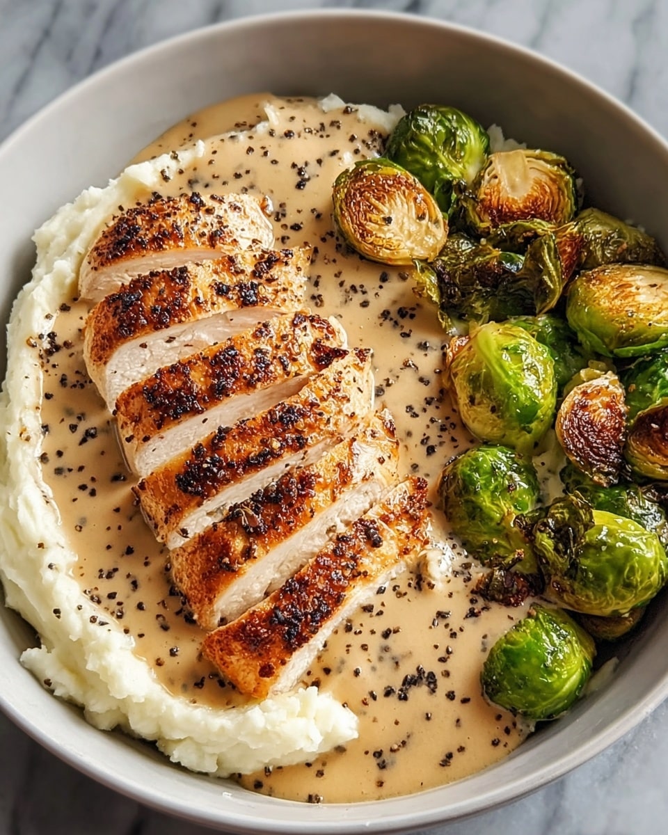 A white bowl filled with three main layers: the bottom layer is smooth white mashed potatoes, the middle layer is golden brown chicken breast sliced into five pieces with a crispy texture on top, and the top layer is a creamy beige sauce with black pepper sprinkled all over it, covering part of the chicken. On one side of the bowl, there is a pile of roasted green Brussels sprouts with charred edges, adding a light green and brown mix to the dish. The whole bowl is placed on a white marbled surface. photo taken with an iphone --ar 4:5 --v 7