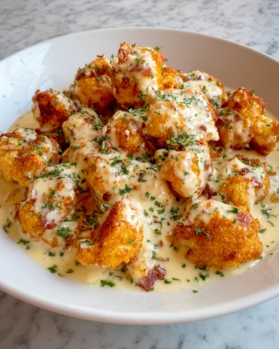 A white plate holds a creamy dish made of golden-brown fried cauliflower pieces covered in a thick white cheese sauce. The cauliflower has a crispy texture with spots of darker brown from frying, and the cheese sauce is smooth and slightly glossy, dotted with finely chopped green herbs scattered evenly over the top. The dish looks rich and warm, with the sauce clinging gently to the fried cauliflower, creating a mix of crunchy and creamy layers. The plate is placed on a white marbled surface, giving a clean and bright background. Photo taken with an iphone --ar 4:5 --v 7