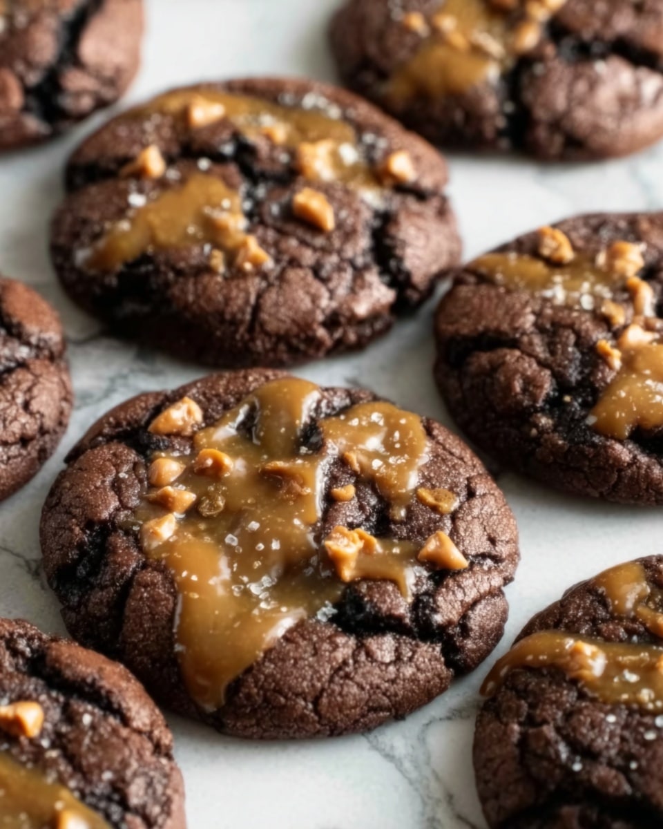 The image shows a close-up view of several chocolate cookies on a white marbled surface, each cookie layered with a dense, dark brown, cracked chocolate dough. On top of the cookies are uneven patches of shiny caramel swirls, interspersed with small, light brown toffee bits that add texture. The cookies are round and slightly raised, with the caramel slightly melting into the chocolate dough, creating a mix of smooth and rough textures. Photo taken with an iphone --ar 4:5 --v 7