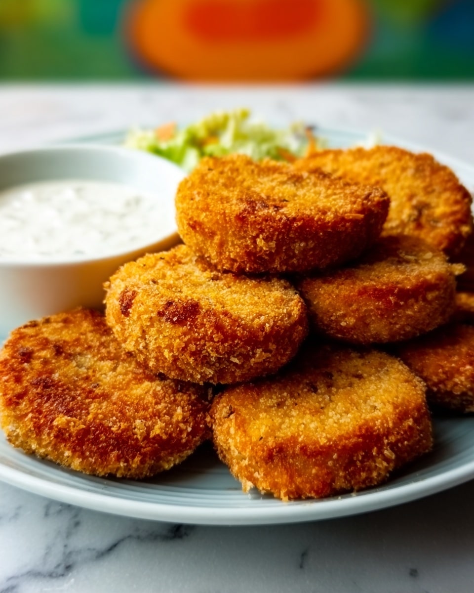 The image shows a white plate filled with nine golden brown fried patties stacked in two loose layers, with the bottom layer having five patties and the top layer having four. The patties have a crispy rough texture with small crumbs visible on their surface. On the top left of the plate, there is a small white bowl filled with a white creamy sauce. The background is a white marbled surface with a blurry soft focus of green and orange shapes in the distance. Photo taken with an iphone --ar 4:5 --v 7