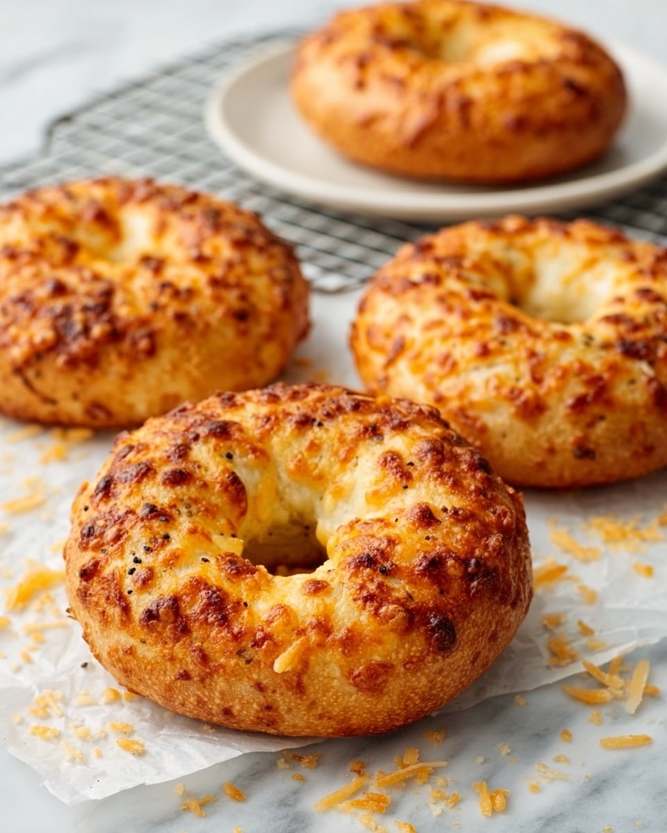 The image shows four golden-brown cheese bagels with a crispy textured top covered in melted cheese. Three bagels are resting directly on white parchment paper over a white marbled surface, and one bagel is placed on a white plate stacked on top of another white plate in the background. The bagels have a round shape with a hole in the center and a rough, bubbly cheese crust that looks slightly toasted. There are some scattered shredded cheese pieces around the bagels on the white marbled surface. Photo taken with an iphone --ar 4:5 --v 7